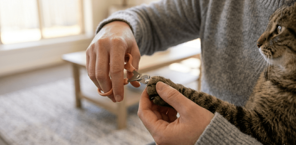 A close-up photograph illustrating a person using scissor-style clippers to trim the sharp tips of a domestic cat's claws, a safe feline grooming technique
