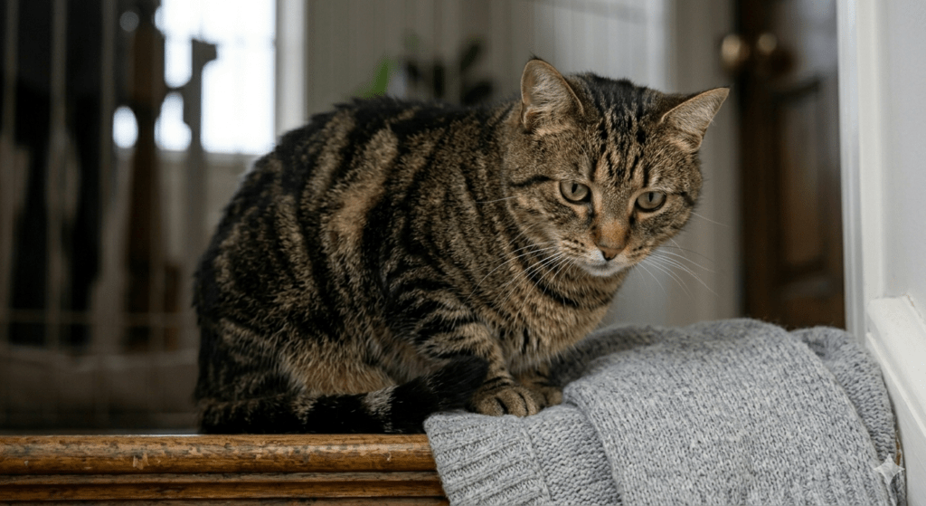 A focused portrait of the sad tabby cat