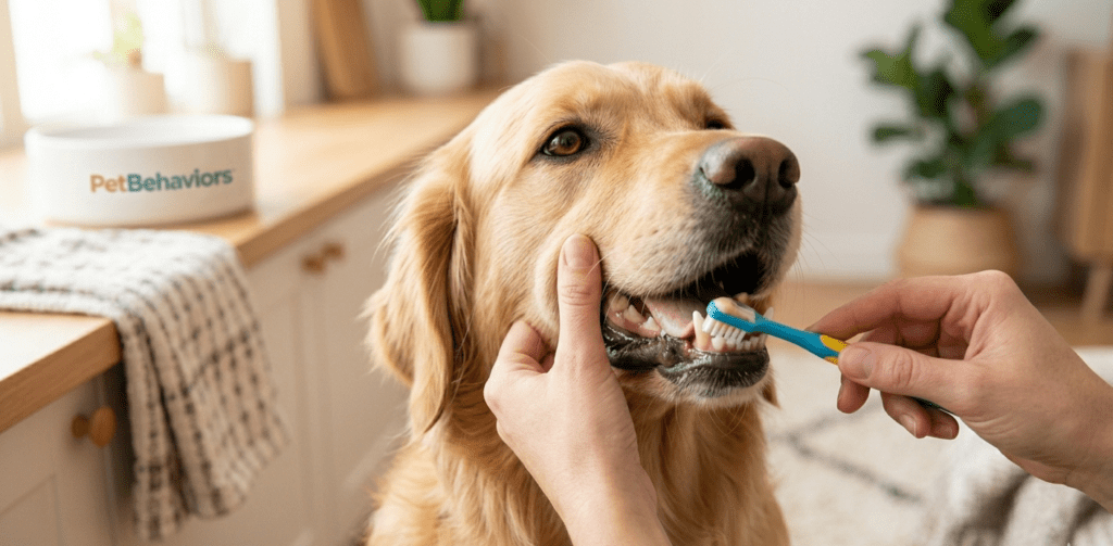 A focused photograph of a person wearing a grey sweater gently holding the upper jaw of the Golden Retriever and using a specialized blue and yellow canine double-ended toothbrush to brush its gleaming white teeth, illustrating effective canine dental hygiene practice