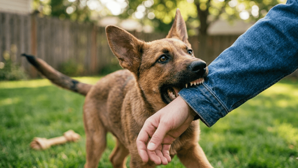 A playful puppy showing high excitement behavior by mouthing a person's denim sleeve during a game, illustrating play biting.