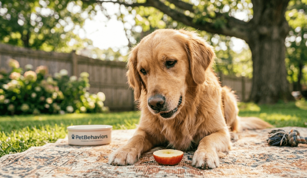 happy golden retriever eating a crisp red apple slice representing safe canine nutrition