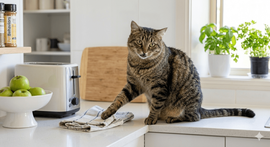 A close-up photograph capturing a mischievous tabby cat