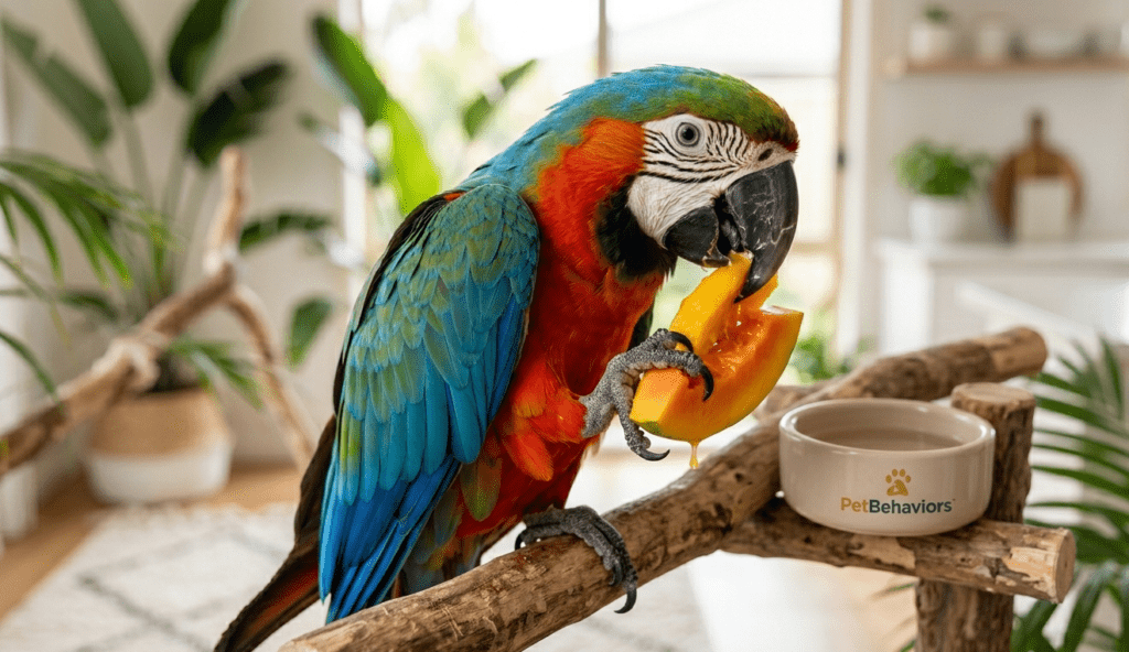 colorful macaw parrot eating fresh papaya slice, healthy bird nutrition