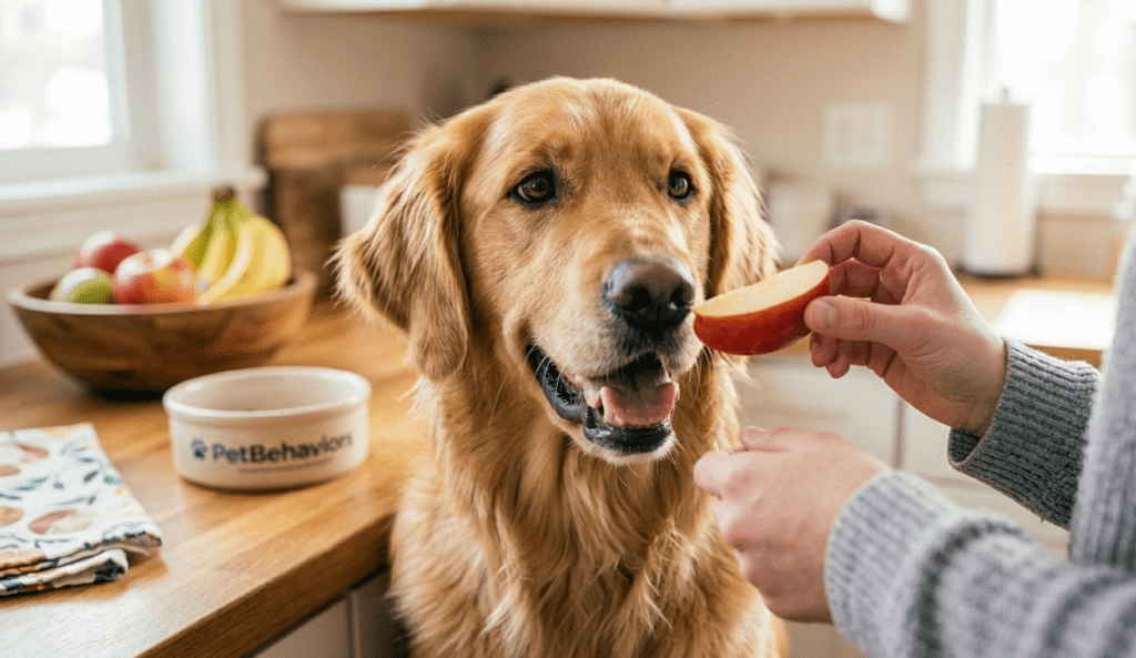 A happy golden retriever looking at a red apple slice representing safe canine nutrition