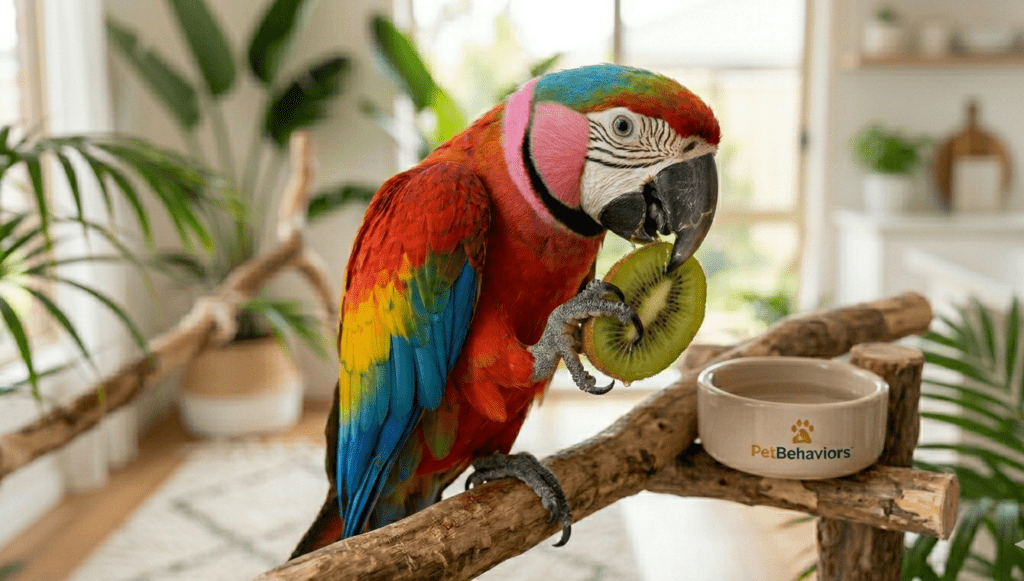 A vibrant macaw and Indian Ringneck parrot hybrid perched, holding and eating a kiwi slice.
