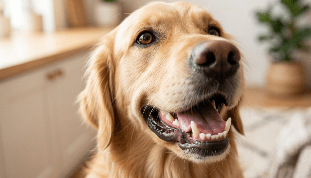 A focused portrait of a happy, mixed-breed dog showing gleaming white teeth and healthy pink gums due to natural canine dental hygiene remedies.
