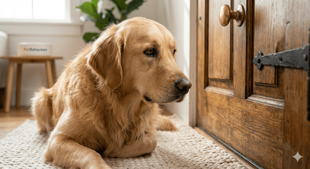 A close-up photograph of a sad Golden Retriever