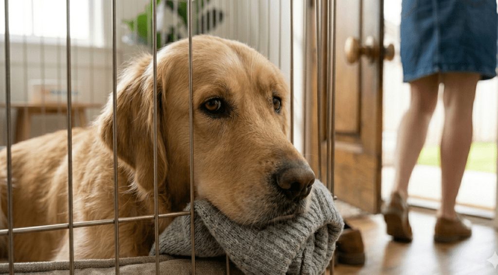 sad dog from watching owner leave its domestic crate, separation anxiety.