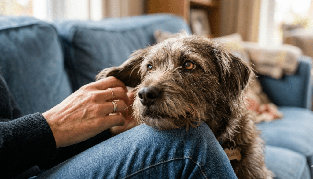 loyal dog resting head on owner knee