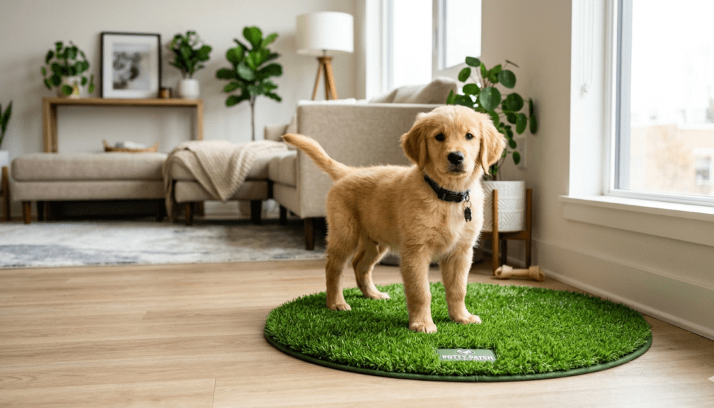 A professional, high-resolution photograph of a cute puppy standing on an artificial grass indoor potty patch