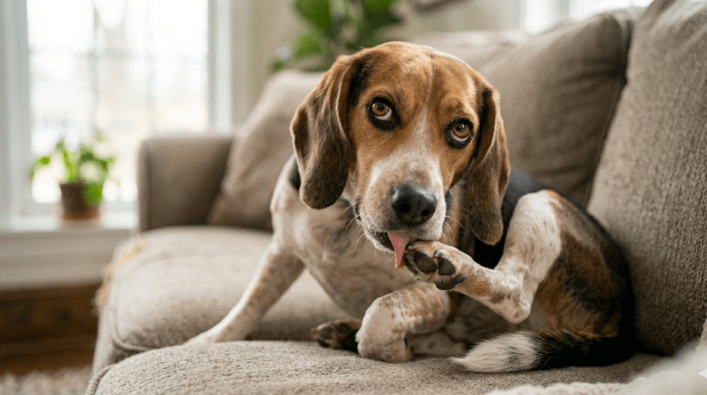 dog licking paws and then licking me
