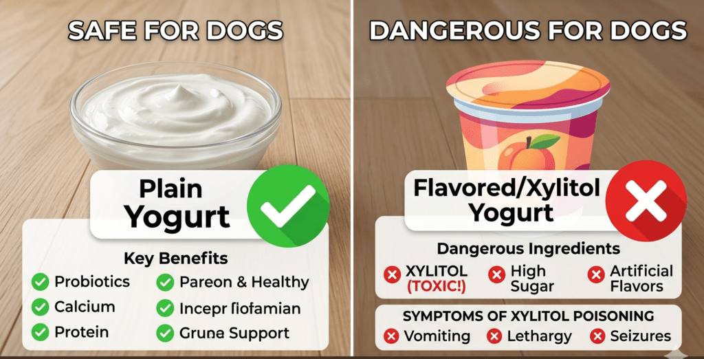Plain yogurt vs. flavored/xylitol yogurt safety comparison for dogs.