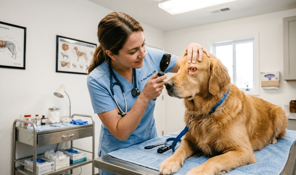 veterinarian examining a red eye on a golden retriever