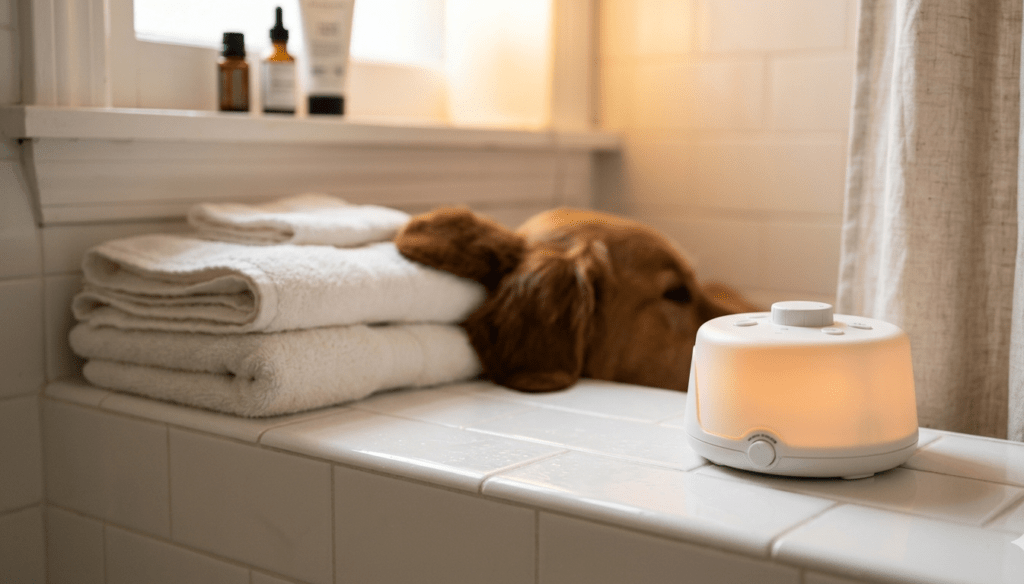 A professional close-up shot in a serene bathroom, featuring a white noise machine in sharp focus on a tiled counter