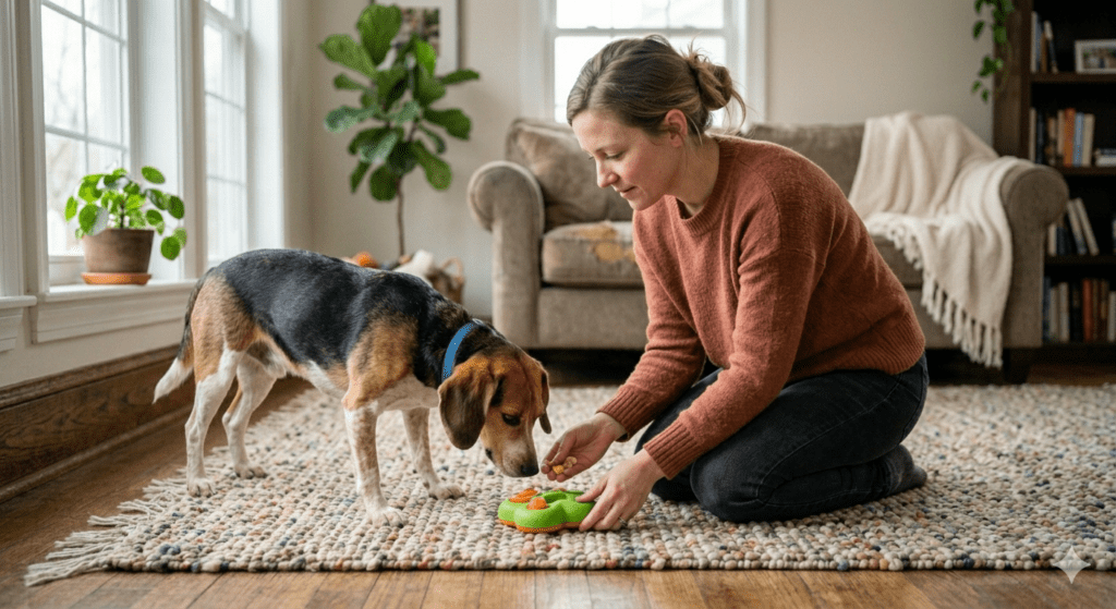 A high-quality, heartwarming photograph of an owner kneeling on a rug in a cozy living room