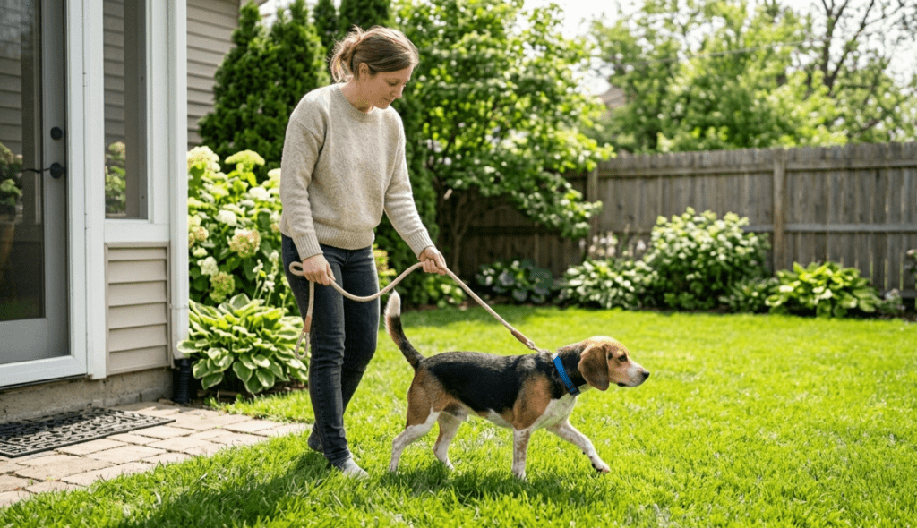 A person gently leading their dog on a leash into a sunny backyard.
