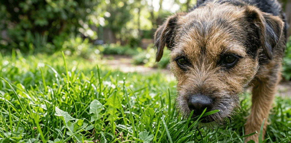 dog curiosly sniffing vibrant green grass