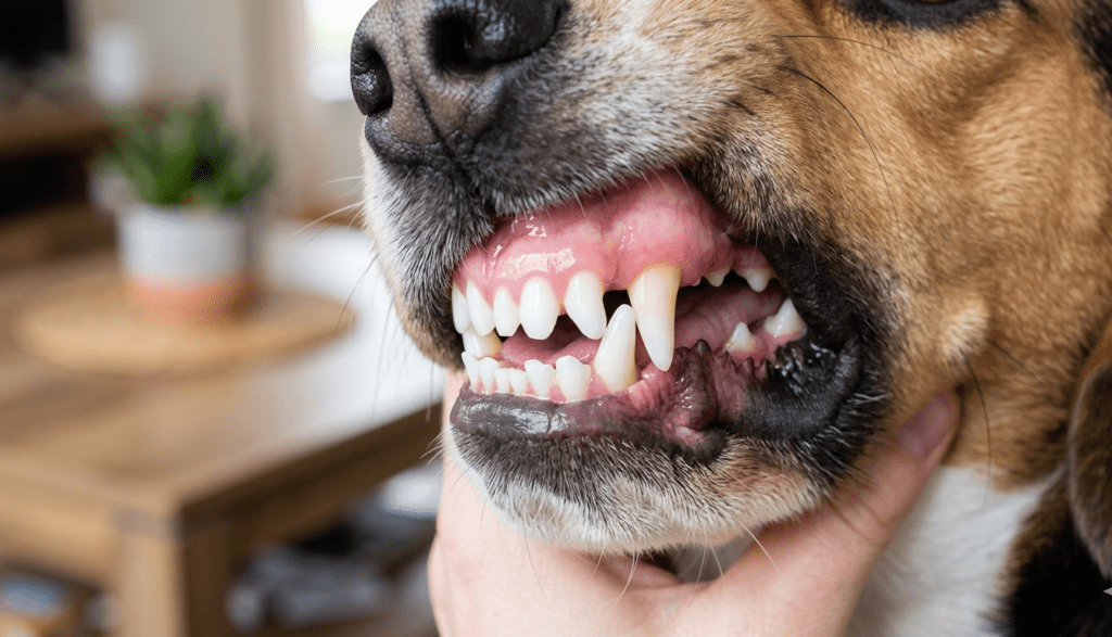 A close-up of a dog's clean white teeth and healthy pink gums.