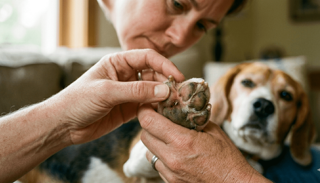 A close-up of a person carefully inspecting a dog's paw pad for burrs or bites.