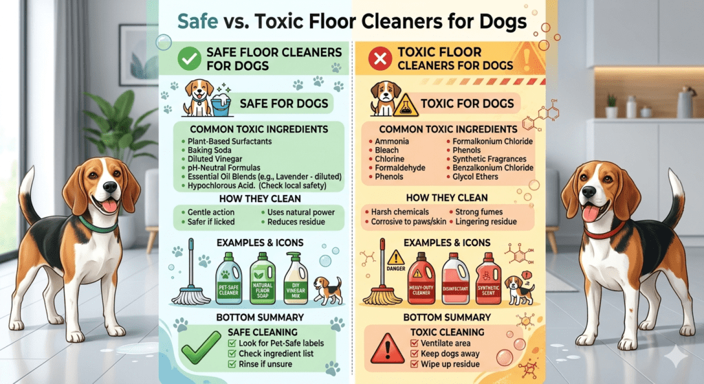 An infographic comparing safe versus toxic floor cleaners for dogs, highlighting pet-safe ingredients like vinegar versus dangerous ones like bleach.