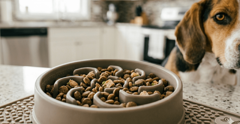 A close-up of a maze-style slow-feeder bowl filled with kibble to help dogs eat slower.