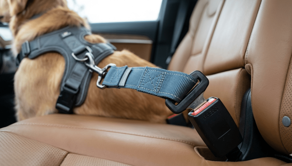Close-up of a nylon safety strap buckled into a car seatbelt and attached to a dog harness.