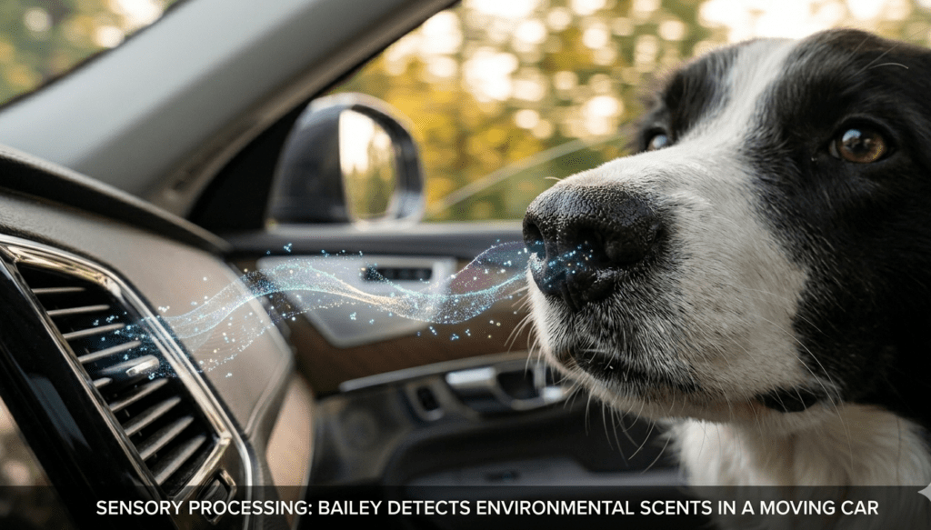 Dog sniffing glowing scent waves with an anatomical nasal cavity diagram overlay.