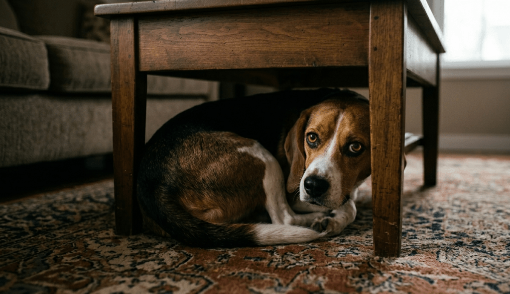 A beagle curled up anxiously under a dark wooden coffee table, peering out with wide, nervous eyes.