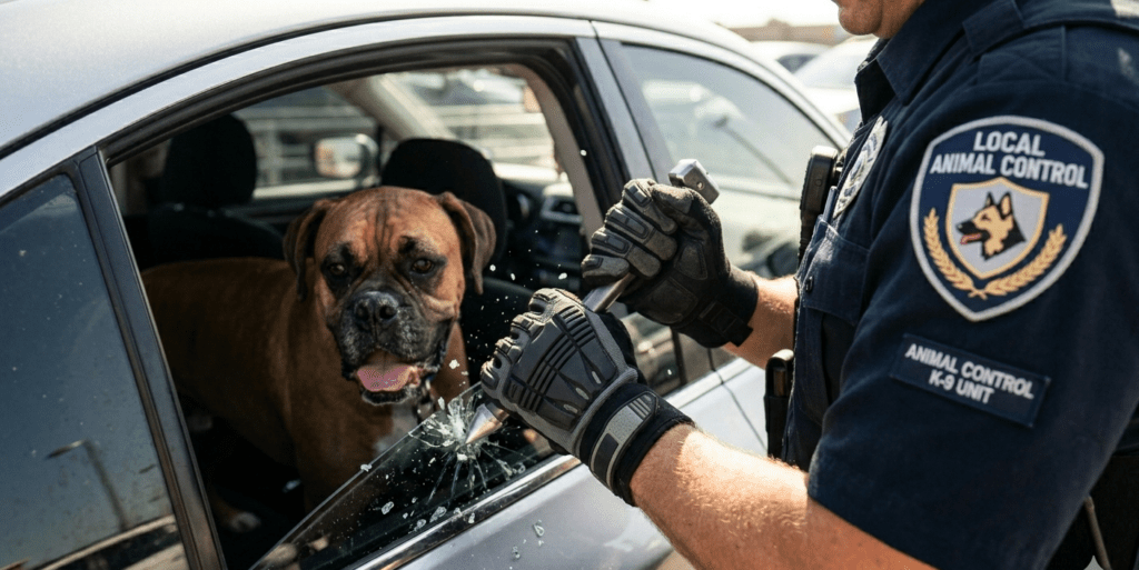 Animal Control officer breaking a car window with a safety tool to rescue a trapped dog.