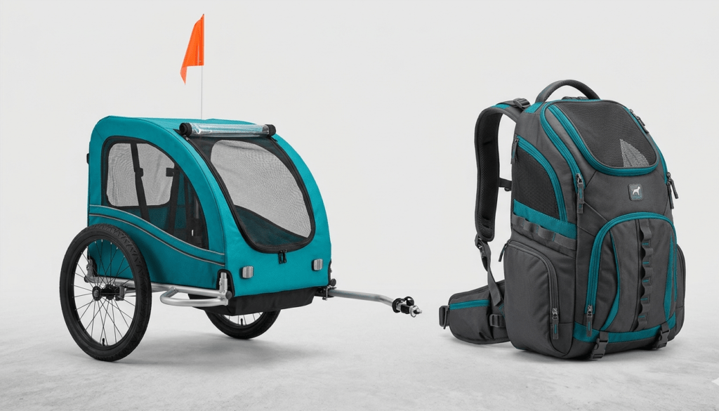 Teal pull-behind pet trailer and mountain bike backpack carrier for dogs.